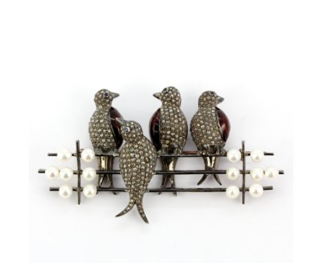 A white metal and enamel bird brooch set with cultured pearls and diamonds, L. 9cm.