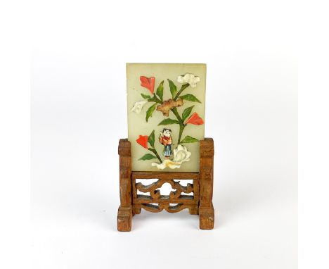 A miniature Chinese jade table screen set with semi precious stones in a carved wooden frame, H. 5cm.