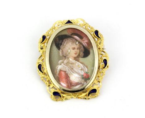An antique hallmarked 18ct yellow gold and enamel miniature portrait painting inset with small diamonds, L. 4.1cm.
