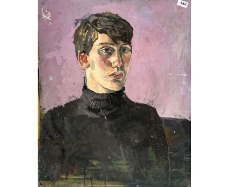 A large unframed portrait oil on board of a young man, size 58 x 72.