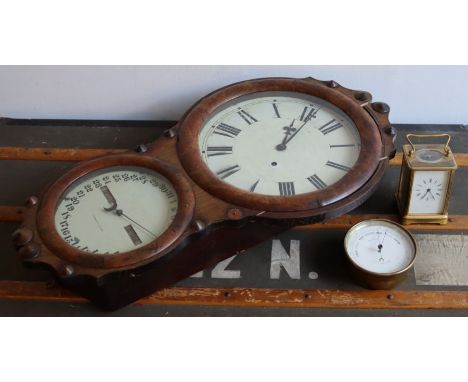 A 19th cent Carriage clock, a brass cased barometer and an unusual German dial clock