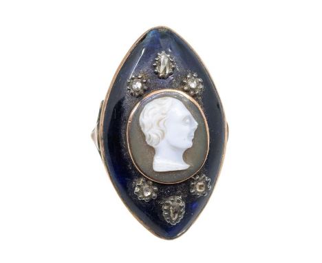A late 18th/early 19th century diamond and enamel navette shaped ring, centred with a circular shell cameo portrait of a gent