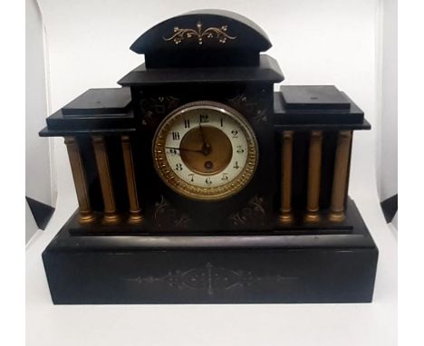 A 19th cent slate mantle clock with French movement, together with a large Early 20th cent oak cased mantle clock
