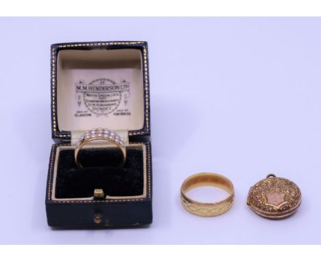 A gold wedding band, Gold cased seed pearl ring and a yellow metal pendant&nbsp;