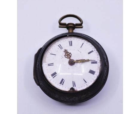 A late 18th century/ early 19th century pair cased pocket watch with enamel dial, Roman numerals fisee movement signed J. Wil