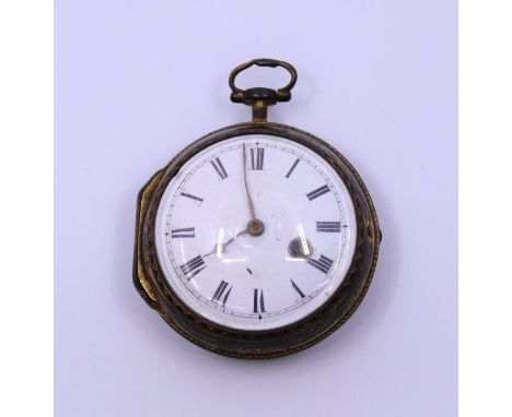 A gilt metal pocket watch, the gilt base metal case warn to show engraving of urn the enamel dial with Roman numerals, moveme