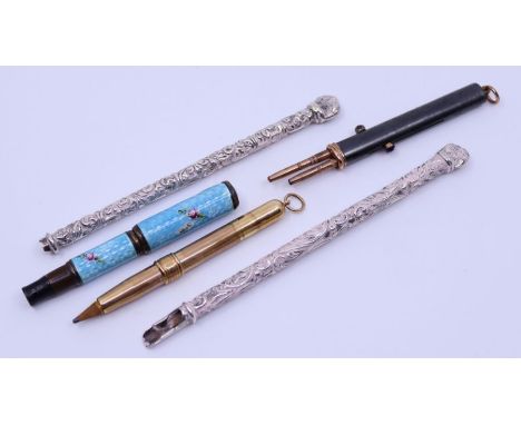 A Guilloche enamel ladies pen, silver pens and a yellow metal cased pencil