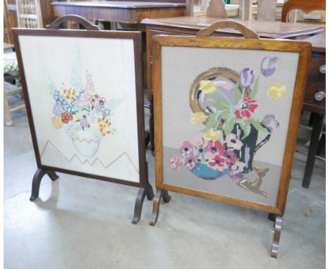 Two oak framed tapestry fire screens 