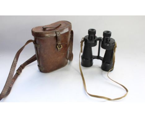 Pair of WW2 period British military Bino Prism no.5 Mk V prismatic binoculars with crackle finish and with original leather c