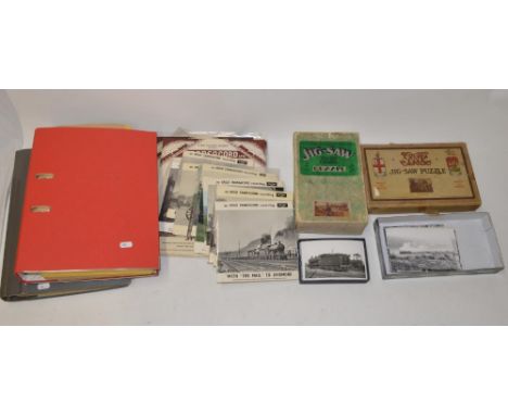 Two vintage railway related plywood Chad Valley puzzles, collection of Argo Transacord recordings of various trains, post car