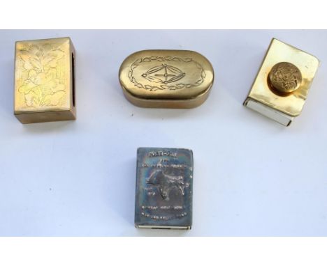 Two trench art matchbox holders and a trench art snuff box, and a WW1 matchbox embossed with Indian map and script 'Farewell 