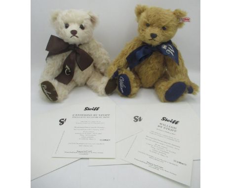 Steiff William in reddish blond mohair with blue ribbon, Limited edition No.117, with certificate,H30cm, and Catherine in cre