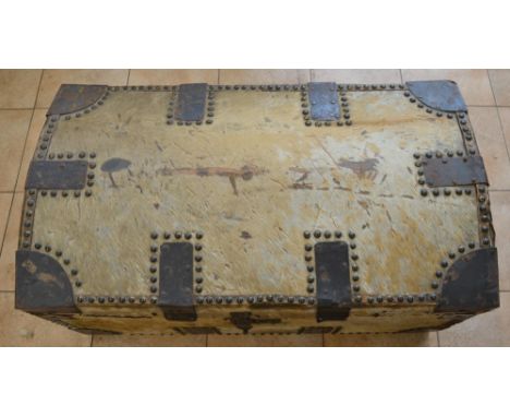 Vintage fur covered wood trunk with metal fittings, floral paper inside, external W43cm L76cm H36cm 