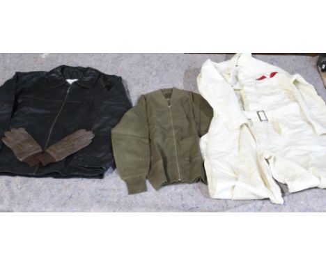 Toskana of New York black leather aviators style leather jacket, Karl Ort aviation overall with insignia, Goodyear knitted zi