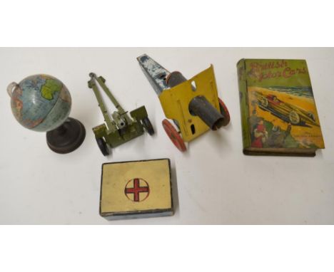 Vintage tin plate metal cannon, tin plate British motor cars "The Golden Arrow" box 14cm x 9.5cm by Lyons Assorted Toffees (i