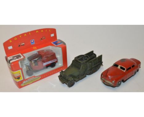 Vintage post WWII clockwork metal car stamped "Made in occupied Japan). No key, condition A/F, a vintage plastic US Half-trac