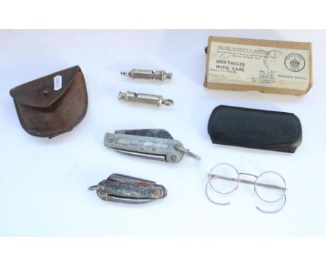 Selection of WW2 period militaria including under respirator spectacles with original case and box, Acme Referee whistle, Hud