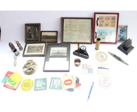 Selection of militaria and misc. collectable items including framed postcards, hand grenade casting inkwell, regimental beer 