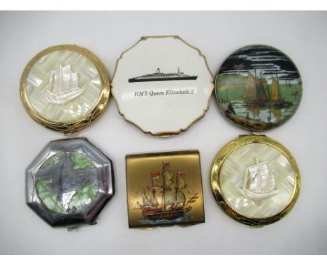 Stratton compact with RMS QEII cover, an octagonal compact with subcontinent of India on green (maker unknown), Stratton squa