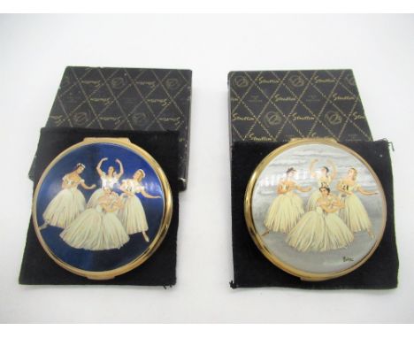 Baron for Stratton compact with ballerinas posing on a light blue ground, another similar with cobalt blue ground, both in fe