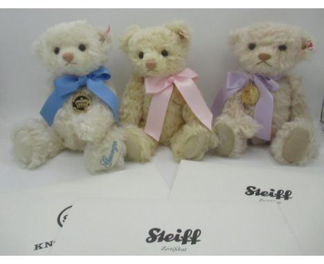 Steiff George Royal baby bear in white with blue ribbon, H26cm, Steiff Charlotte the Royal Baby Bear in blonde with pink ribb