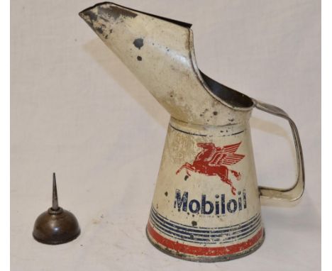 Vintage Mobil Oil larger quart oil can and a small oil spot applicator by Singer 