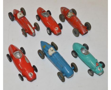 Six vintage diecast racing car models including Corgi B.R.M. F1 Grand Prix, Dinky Talbot Lago, Vanwall and Dinky Toys Maserat