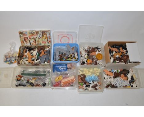 Large collection of Britains farm yard animal figures, farm yard accessories, mostly plastic, and a box of Britains vintage l