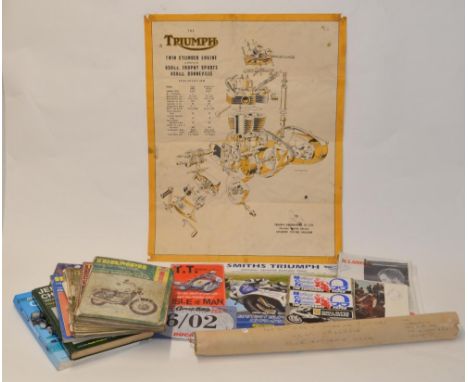 Motorbike racing memorabilia including modern reproduction tinplate metal signs, "TT Races Isle of Man", "Classic Bike", etc,