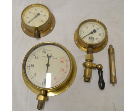 Three vintage pressure gauges and vintage spirit level (4) 