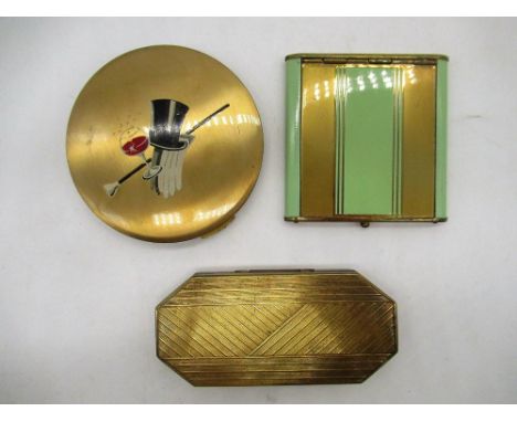 Austrian Art Deco striped gilt and mint green enamel square compact, a circular Stratton gilt compact, painted with evening c