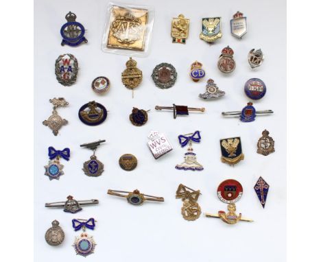 Selection of enamel regimental, sweetheart and civilian association badges, many hallmarked silver, including WW1 period Quee