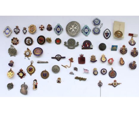 Selection of vintage and modern enamel club and association badges, including hallmarked silver Menston Hospital nursing badg
