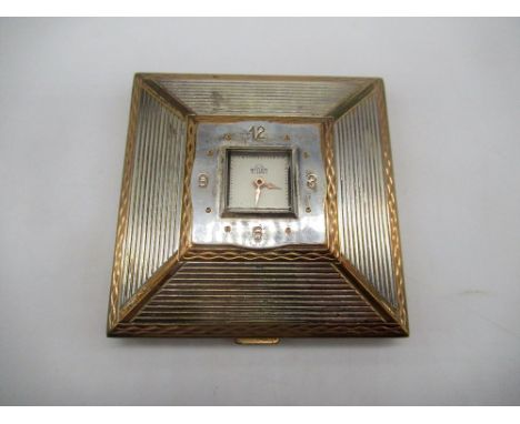 Swiss Art Deco engine turned square compact by ABME, hinged lid with Buler 15 Jewel clock 