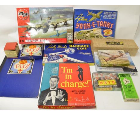 Vintage games including jigsaw puzzles, Magnus gold plated trumpet, practice softball on rope, tiddlywinks, Bruce Forsyth gam