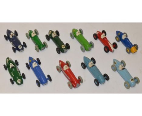 Eleven vintage diecast racing cars, including Dinky, Talbot, Lago, no.230, Dinky Ferrari 232, Crescent Toy Co. Connaught 2l G