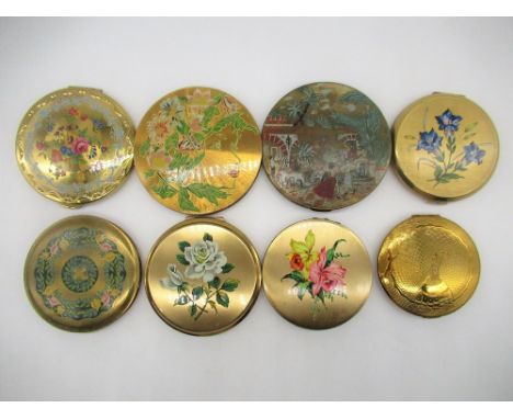Three Stratton compacts with printed floral pattern on brushed metal ground, Le Rage compact with printed flamenco scene, a K