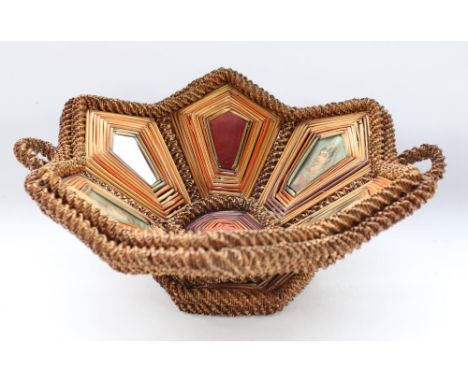WW1 or WW2 period Prisoner of War straw work basket with inset Italian lithograph portraits and playing cards, W37cm 