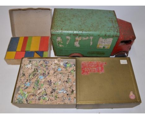 Large vintage tri-ang tinplate metal lorry,  Vintage block puzzle, "Victory" artistic plywood jigsaw puzzle, subject The Doom