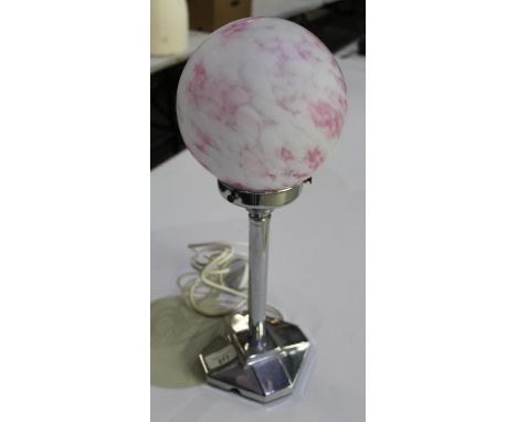 Chrome base lamp with glass dome shade, with pink flame effect H17" 