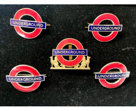 London Underground enamel yellow metal surround cap badge W54mm, four London Underground cap badges with slide pins, W50mm (5