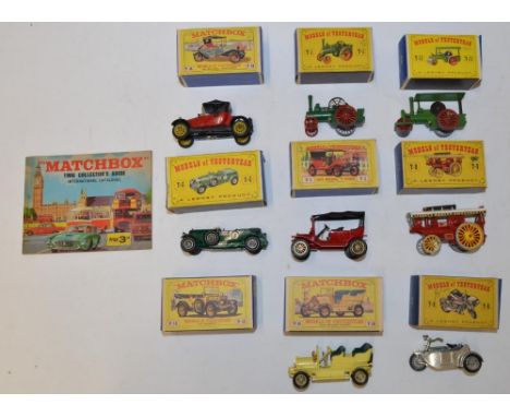 Eight vintage boxed Matchbox and Lesney models of Yesteryear, 1966 Matchbox Collector's Guide, 1904 Spyker Tourer, 1914 Sunbe