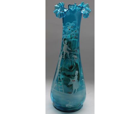 Clear glass oil lamp vase, Art Deco Mary Gregory blue vase with painted picture depicting apple pickers