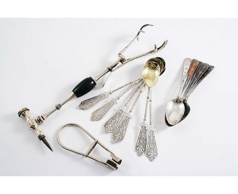 A MIXED LOT:- A set of six Old Sheffield plated tea spoons, c.1790, an Edwardian mutton-chop holder, London 1905, a set of si