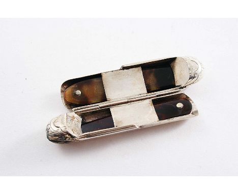 A VICTORIAN TUBULAR PHLEAM CASE with engraved & engine-turned decoration, hinging open to reveal two steel and tortoiseshell 