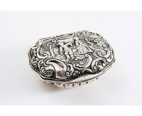 A LATE 19TH CENTURY CONTINENTAL DECORATIVE SNUFF BOX of cartouche form with figures dancing in relief on the cover, struck on
