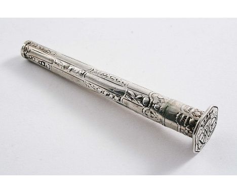 A LATE 18TH CENTURY DUTCH BODKIN CASE of tapering form with relief decoration, a screw cover & seal terminal with relief deco