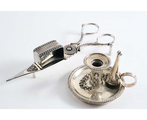 A GEORGE IV CHAMBER-STYLE TAPERSTICK (from an inkstand) with conical snuffer & ring handle, by William Barrett (II), London 1