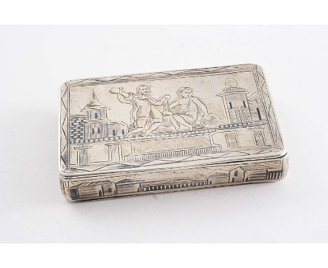 AN EARLY 19TH CENTURY RUSSIAN NIELLOWORK SNUFF BOX with figures & architecture on the cover;  3"  (7.5 cms) long;  2.2 oz