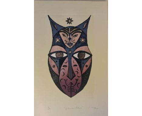 Artist: Karima Muyaes (Mexican, b.1960). Title: "Intuición Gatuna [Catlike Intuition]". Medium: Original color lithograph. Da